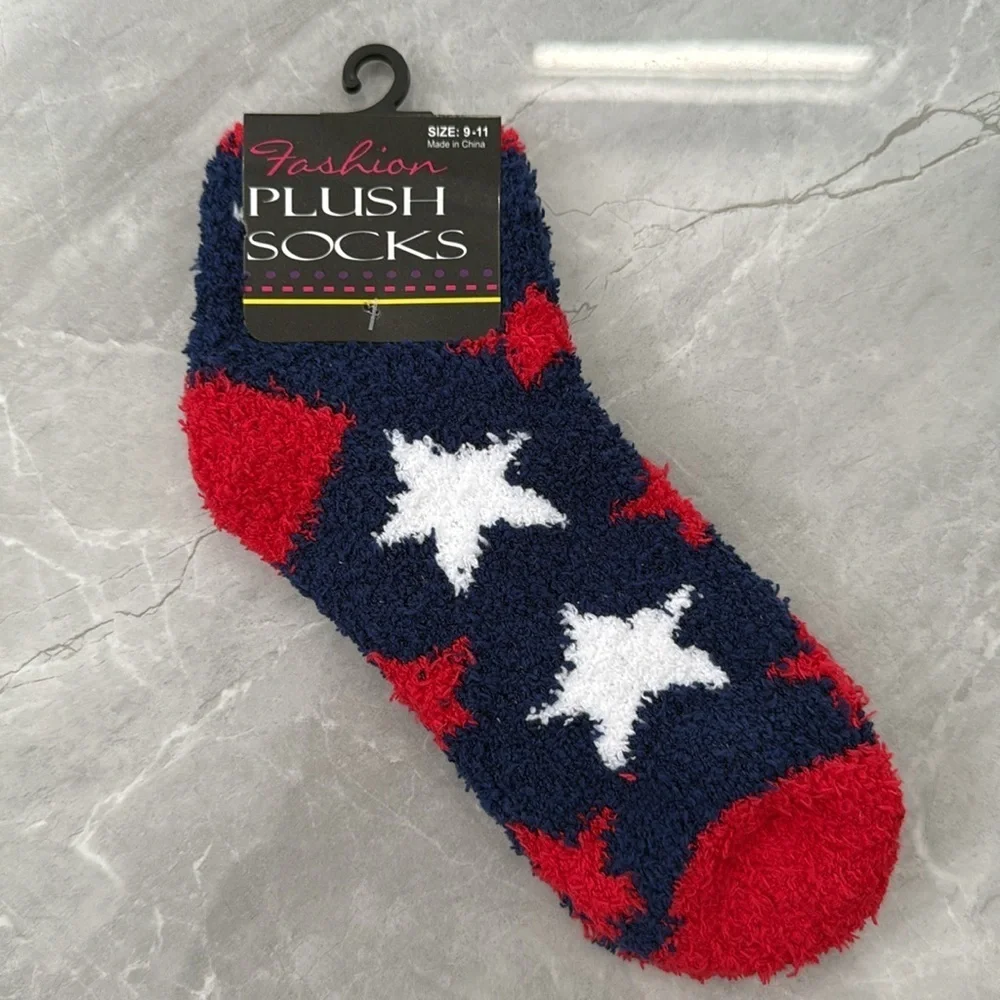 Women's Fashion Plush Socks Two Pairs of Fuzzy Socks Stars And Stripes Size 9-11